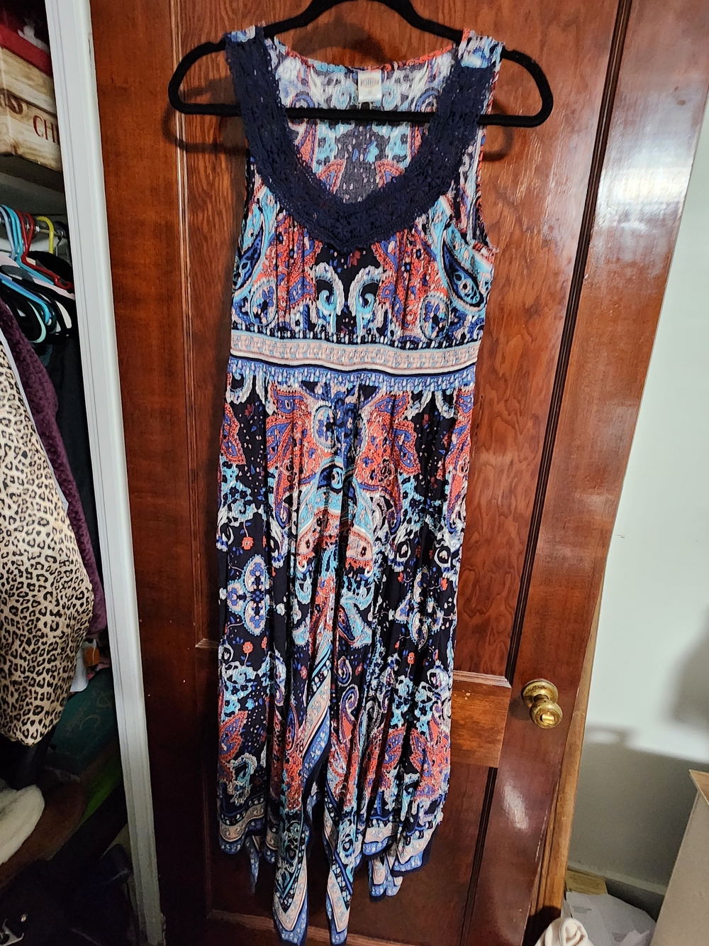 Bila Bohemian Paisley Maxi Dress Medium Crochet Lace Bib Neckline EUC